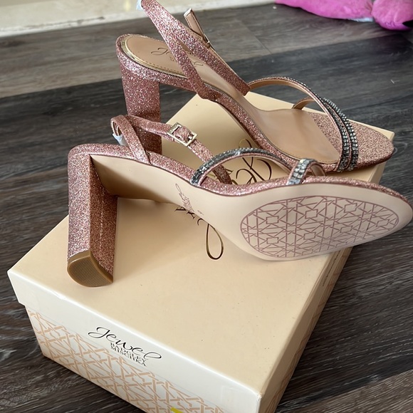 NIB Badgley Mischka Jewel aura rose gold silver rhinestones glitter block heel 9 - Picture 8 of 11